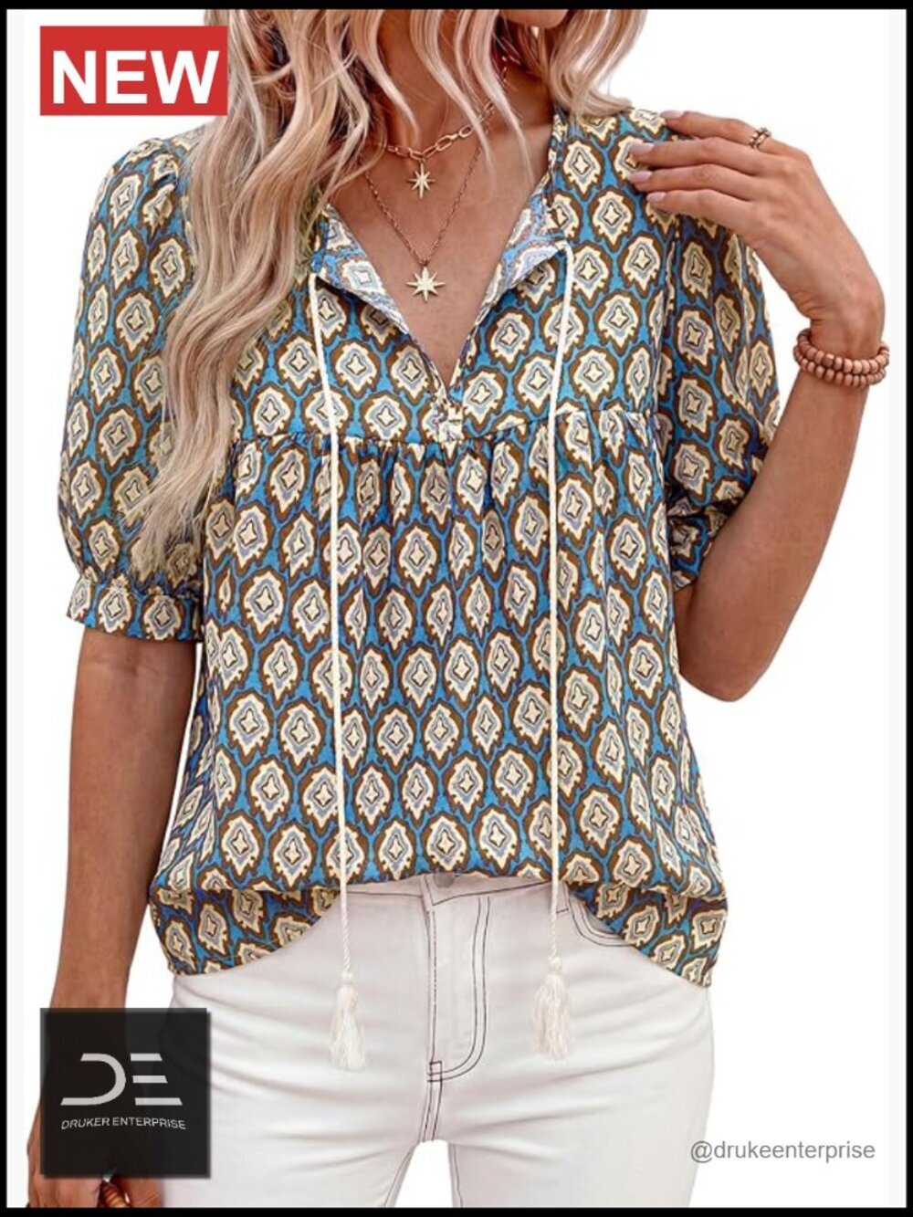 Boho Tie Front V Neck Print Short Sleeve Peasant Blouse Tunic